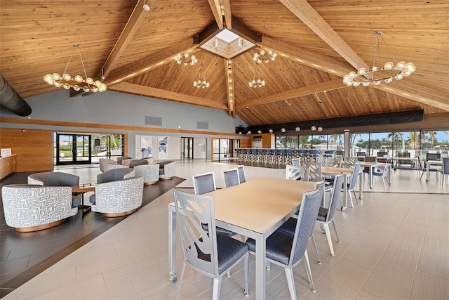 9425 Blind Pass Rd Unit 1008, St Pete Beach, FL 33706 - dining area featuring a chandelier, high vaulted ceiling, and wood ceiling with exposed beams