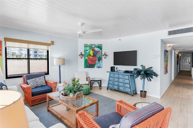 17334 Gulf Blvd Unit 203, North Redington Beach, FL 33708 - living area with ceiling fan, wood finished floors, and wooden ceiling