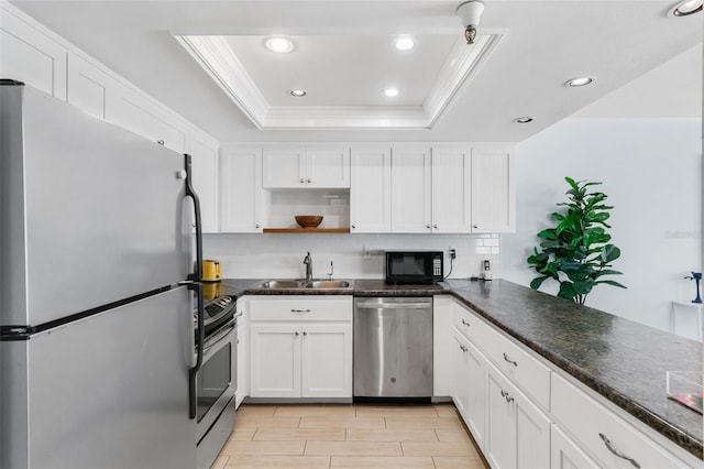 17334 Gulf Blvd Unit 203, North Redington Beach, FL 33708 - kitchen with appliances with stainless steel finishes, open shelves, white cabinets, ornamental molding, and recessed lighting