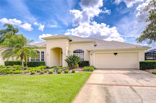 4304 Place Le Manes, Lutz, FL 33558 - mediterranean / spanish-style home with a garage, a front lawn, driveway, and stucco siding