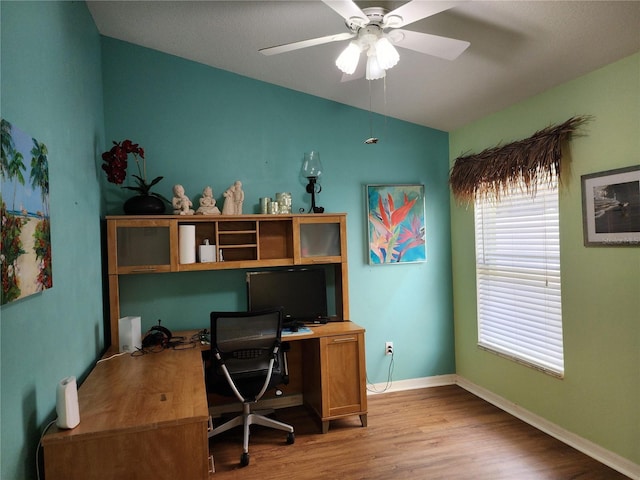 8313 Arabian Dunes Pl, Riverview, FL 33578 - office featuring vaulted ceiling, light wood finished floors, and ceiling fan