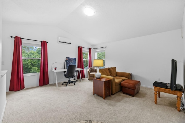 4505 Anaconda Dr, New Port Richey, FL 34655 - living area featuring an AC wall unit, carpet flooring, lofted ceiling, an office area, and healthy amount of natural light