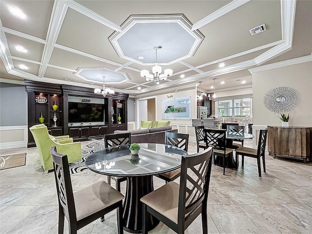 32451 Limitless Pl, Wesley Chapel, FL 33545 - dining room with ornamental molding, a chandelier, coffered ceiling, a decorative wall, and recessed lighting