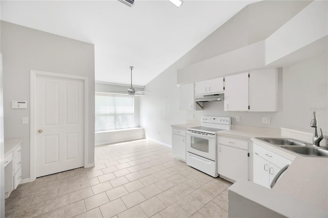 25101 Hyde Park Blvd, Land O Lakes, FL 34639 - kitchen with white range with electric stovetop, a sink, under cabinet range hood, baseboards, and ceiling fan