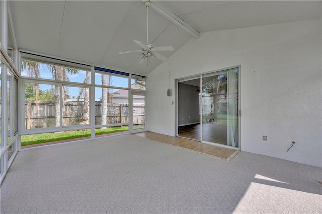25101 Hyde Park Blvd, Land O Lakes, FL 34639 - unfurnished sunroom with ceiling fan, beam ceiling, carpet flooring, and high vaulted ceiling