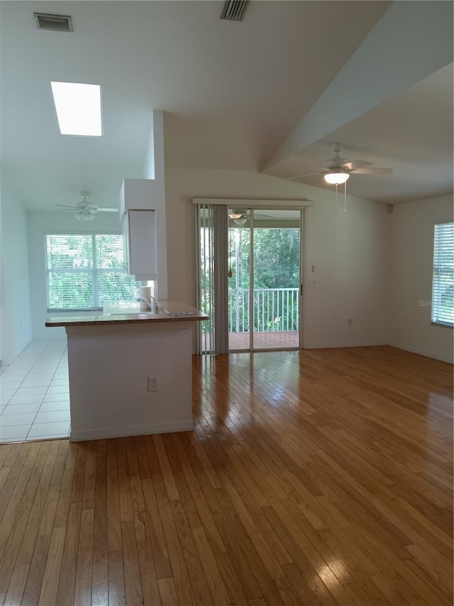 1605 Send Way, Lutz, FL 33549 - unfurnished living room with ceiling fan, light wood-style floors, and a skylight
