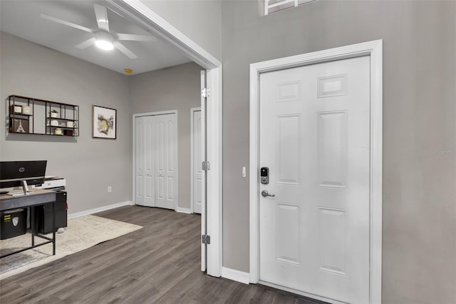 13910 Chalk Hill Pl, Riverview, FL 33579 - entryway featuring dark wood-style floors, baseboards, and ceiling fan