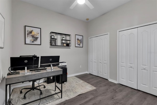 13910 Chalk Hill Pl, Riverview, FL 33579 - office featuring a ceiling fan, dark wood-style floors, and baseboards