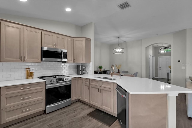 13910 Chalk Hill Pl, Riverview, FL 33579 - kitchen featuring appliances with stainless steel finishes, a sink, a peninsula, tasteful backsplash, and light wood-type flooring