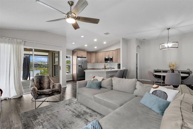 13910 Chalk Hill Pl, Riverview, FL 33579 - living area with lofted ceiling, recessed lighting, arched walkways, dark wood-style flooring, and ceiling fan