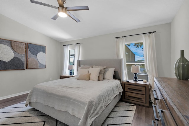 13910 Chalk Hill Pl, Riverview, FL 33579 - bedroom featuring dark wood finished floors, lofted ceiling, baseboards, and a ceiling fan