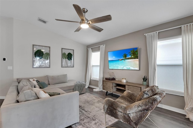 13910 Chalk Hill Pl, Riverview, FL 33579 - living area featuring ceiling fan, baseboards, wood finished floors, and vaulted ceiling