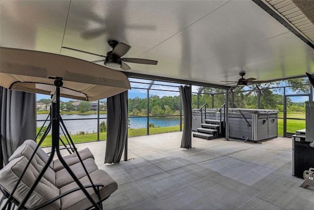 13910 Chalk Hill Pl, Riverview, FL 33579 - view of patio / terrace featuring a ceiling fan, a hot tub, a water view, and a lanai