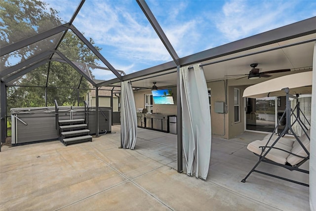 13910 Chalk Hill Pl, Riverview, FL 33579 - view of patio featuring a hot tub, a ceiling fan, glass enclosure, and area for grilling