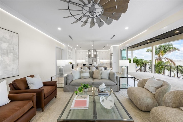 820 Bay Point Dr, Madeira Beach, FL 33708 - living area featuring a ceiling fan and recessed lighting
