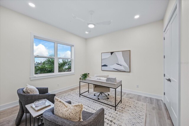 820 Bay Point Dr, Madeira Beach, FL 33708 - office area with a ceiling fan, light wood-style floors, baseboards, and recessed lighting