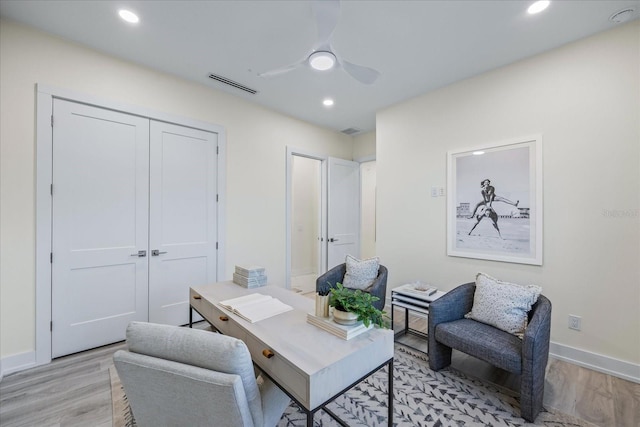 820 Bay Point Dr, Madeira Beach, FL 33708 - home office with light wood finished floors, ceiling fan, baseboards, and recessed lighting