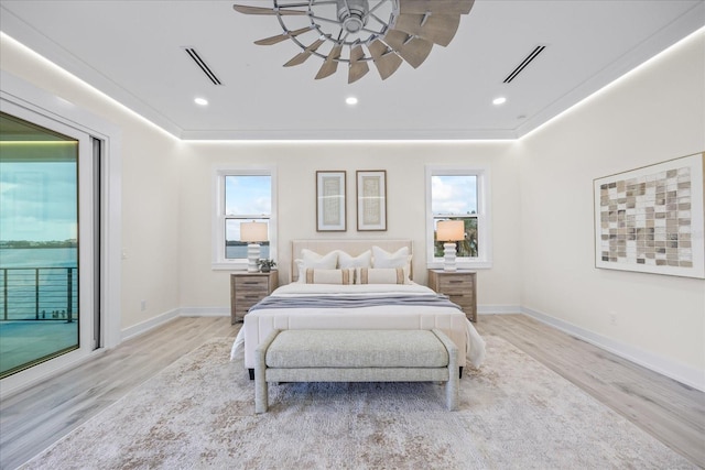 820 Bay Point Dr, Madeira Beach, FL 33708 - bedroom with access to outside, wood finished floors, baseboards, recessed lighting, and a ceiling fan