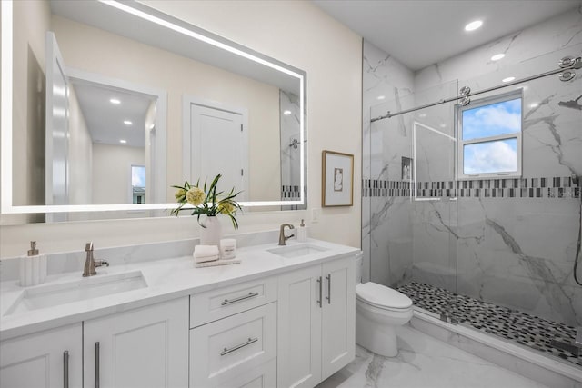 820 Bay Point Dr, Madeira Beach, FL 33708 - full bath featuring marble look tiles, toilet, a marble finish shower, double vanity, and recessed lighting