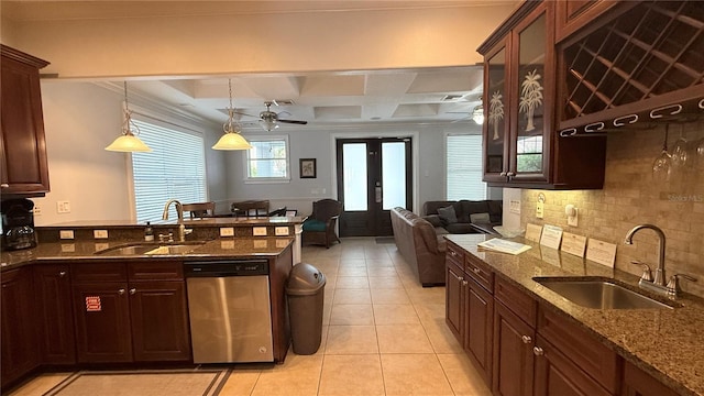 7810 Whitemarsh Way, Reunion, FL 34747 - kitchen featuring stainless steel dishwasher, a sink, coffered ceiling, french doors, and a ceiling fan