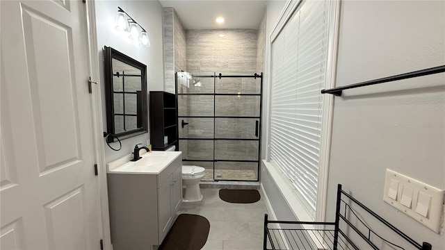 7810 Whitemarsh Way, Reunion, FL 34747 - bathroom with vanity, toilet, a stall shower, and tile patterned floors