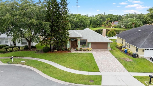 6621 Appaloosa Dr, Tampa, FL 33625 - view of front of house with driveway, an attached garage, a front lawn, and a water view