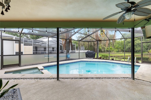 6621 Appaloosa Dr, Tampa, FL 33625 - view of pool featuring grilling area, a patio area, ceiling fan, and glass enclosure