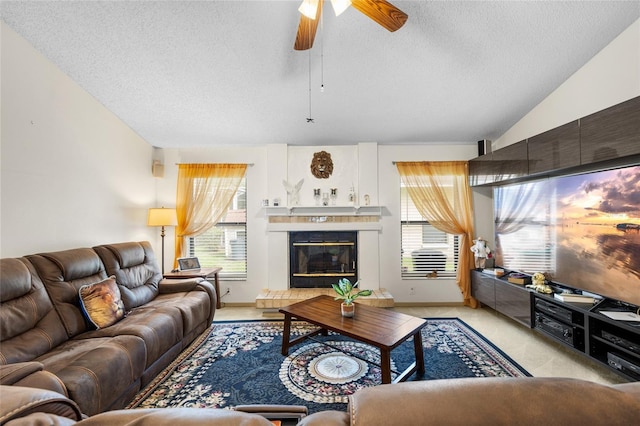 6621 Appaloosa Dr, Tampa, FL 33625 - living room featuring a textured ceiling, healthy amount of natural light, a ceiling fan, lofted ceiling, and light carpet