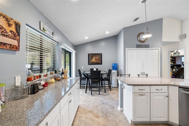 6621 Appaloosa Dr, Tampa, FL 33625 - kitchen featuring lofted ceiling, white cabinets, light stone countertops, pendant lighting, and a textured ceiling