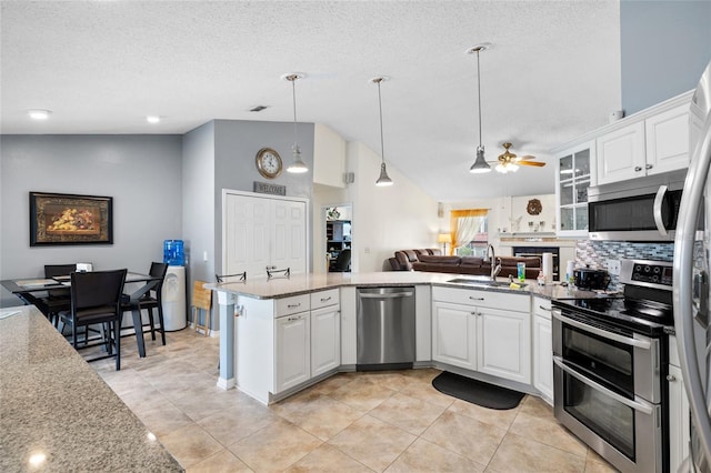 6621 Appaloosa Dr, Tampa, FL 33625 - kitchen with appliances with stainless steel finishes, a peninsula, lofted ceiling, a sink, and a textured ceiling