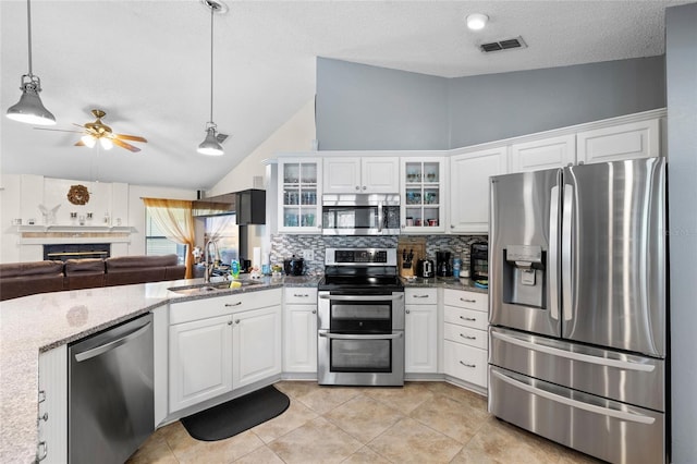6621 Appaloosa Dr, Tampa, FL 33625 - kitchen with stainless steel appliances, lofted ceiling, open floor plan, decorative backsplash, and a sink