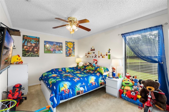6621 Appaloosa Dr, Tampa, FL 33625 - bedroom with carpet, ornamental molding, a textured ceiling, and ceiling fan
