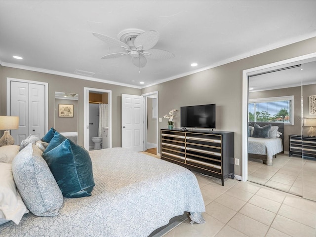 213 Fernwood Cir Unit 213, Seminole, FL 33777 - bedroom featuring recessed lighting, light tile patterned floors, crown molding, baseboards, and ceiling fan