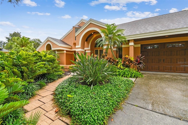 3308 Landing Pl, Palm Harbor, FL 34684 - view of front of home with stucco siding, an attached garage, concrete driveway, and roof with shingles