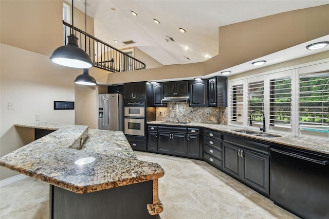 3308 Landing Pl, Palm Harbor, FL 34684 - kitchen featuring black appliances, a sink, under cabinet range hood, tasteful backsplash, and light stone countertops