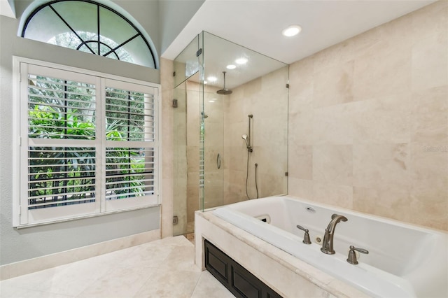 3308 Landing Pl, Palm Harbor, FL 34684 - full bathroom featuring a stall shower, a whirlpool tub, tile patterned flooring, and recessed lighting
