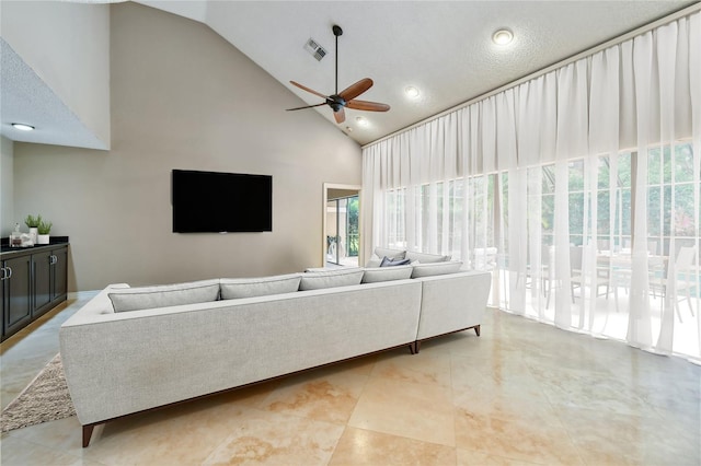3308 Landing Pl, Palm Harbor, FL 34684 - living room featuring high vaulted ceiling, a ceiling fan, and recessed lighting