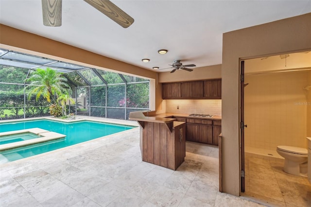 3308 Landing Pl, Palm Harbor, FL 34684 - view of pool with a patio area, a lanai, ceiling fan, and a pool with connected hot tub