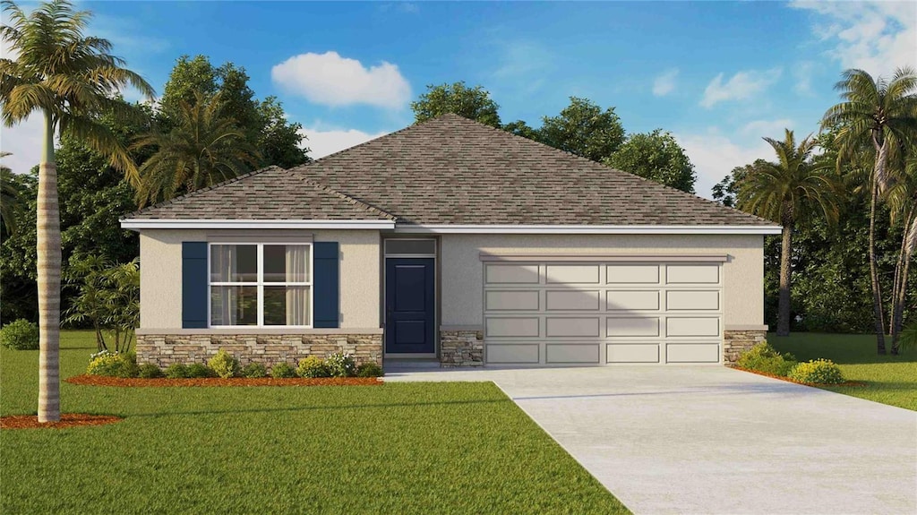 7670 Wheat Stone Dr, Zephyrhills, FL 33540 - view of front of home with stone siding, roof with shingles, stucco siding, and an attached garage