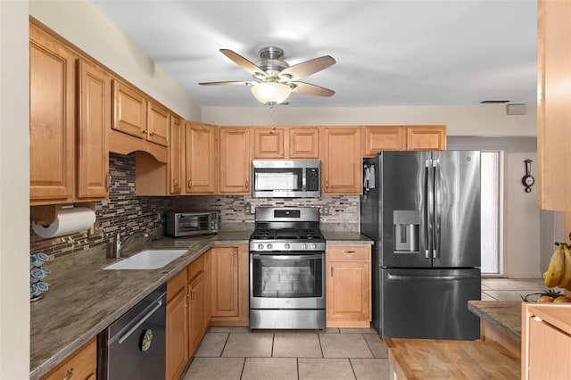 7276 21st St N, Saint Petersburg, FL 33702 - kitchen with stainless steel appliances, a sink, a ceiling fan, decorative backsplash, and light tile patterned floors