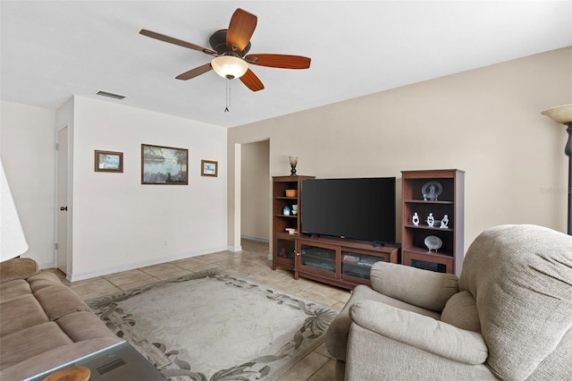 7276 21st St N, Saint Petersburg, FL 33702 - living room featuring a ceiling fan, light tile patterned flooring, and baseboards