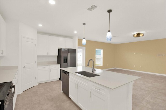 271 Inman Blvd, Winter Haven, FL 33881 - kitchen featuring a sink, dishwashing machine, black electric range oven, stainless steel fridge with ice dispenser, and white cabinetry