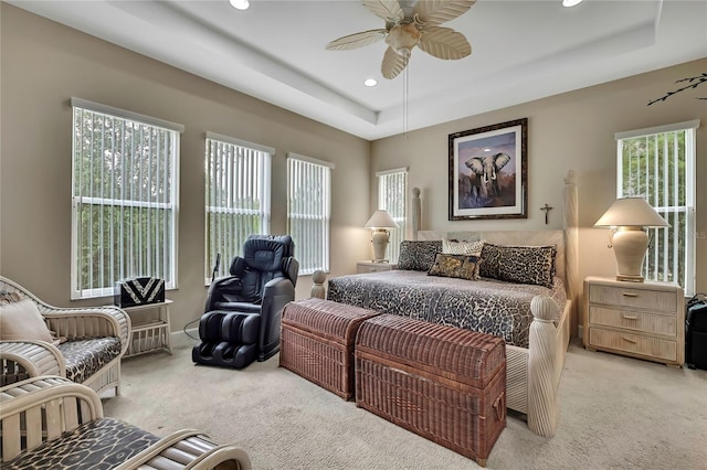 4155 Barletta Ct, Wesley Chapel, FL 33543 - bedroom featuring light colored carpet, a raised ceiling, recessed lighting, and a ceiling fan