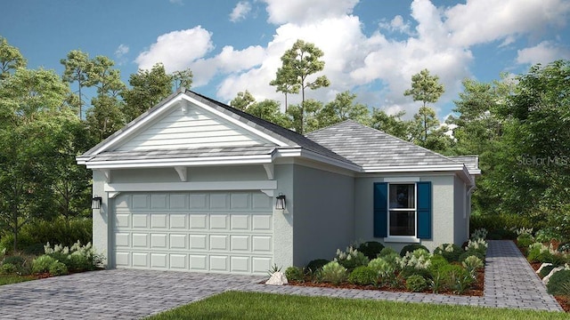 29472 Velletri Ln, Wesley Chapel, FL 33543 - ranch-style house with stucco siding, a garage, and decorative driveway