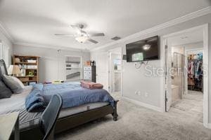 1395 White Fox Run, Lutz, FL 33549 - carpeted bedroom featuring ornamental molding, baseboards, and ceiling fan