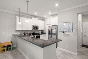 1395 White Fox Run, Lutz, FL 33549 - kitchen with stainless steel appliances, crown molding, dark countertops, a peninsula, and recessed lighting