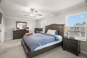 1395 White Fox Run, Lutz, FL 33549 - bedroom featuring crown molding, baseboards, carpet, and a ceiling fan