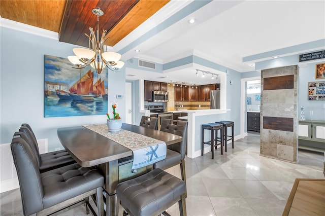 4900 Brittany Dr S Unit 611, Saint Petersburg, FL 33715 - dining room featuring a chandelier, wood ceiling, recessed lighting, light tile patterned floors, and crown molding