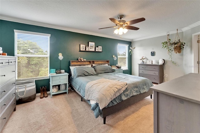 12316 Streambed Dr, Riverview, FL 33579 - bedroom featuring crown molding, light colored carpet, ceiling fan, and a textured ceiling