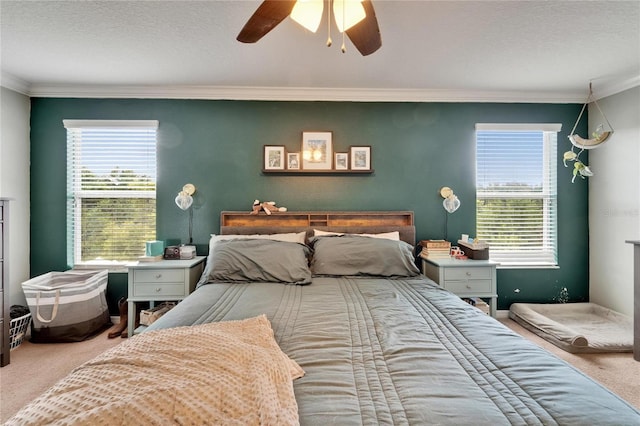 12316 Streambed Dr, Riverview, FL 33579 - bedroom with carpet, ornamental molding, ceiling fan, a textured ceiling, and baseboards